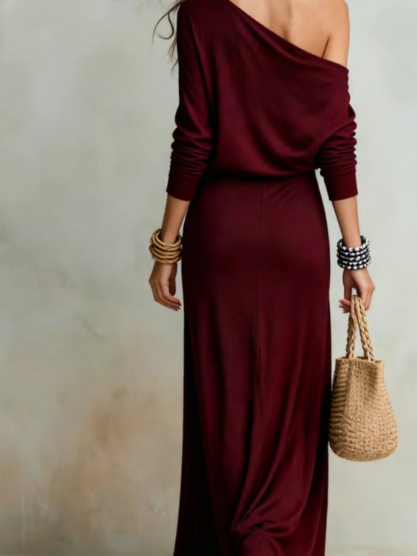 Elegant Chic Asymmetrical One-Shoulder Long Dress for Women, Summer Beach Vacation Style, Split Design, European and American Fashion, Elegance