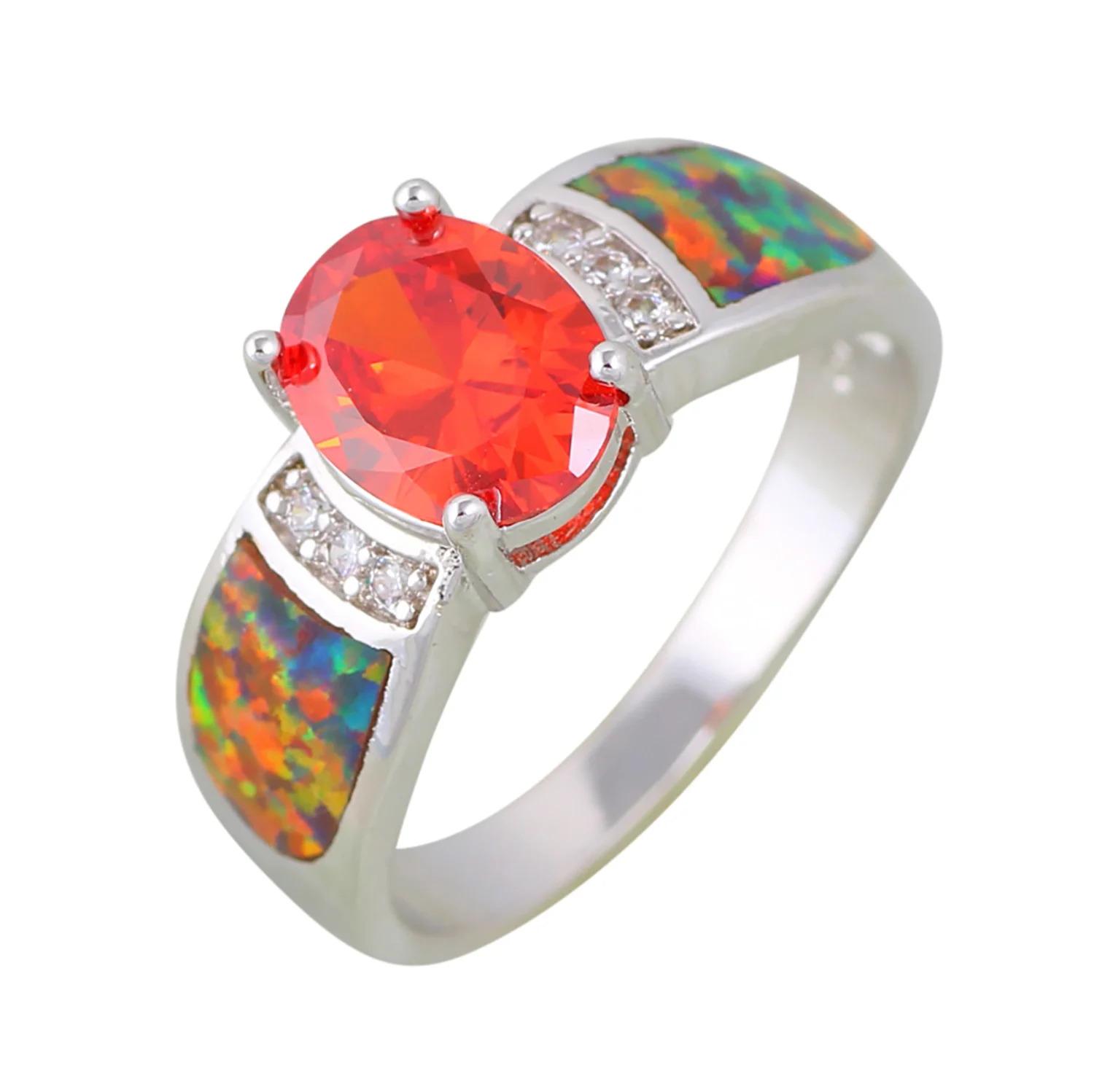 White K Plated Synthetic Fire Opal Colorful Zircon Fashion Jewelry For Women Cocktail Ring Anniversary Gifts for Her