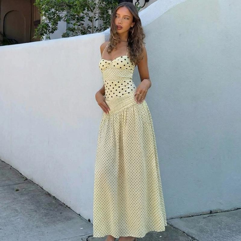 Women's Polka Dot Print Tie-neck Halter Dress, Bust Twisted Ruched Sleeveless Backless A-line Slip Dress, Party Club Date Holiday Beach Vacation Daily Casual Sweet Cami Maxi Long Dresses For Ladies Summer Fashion Clothes Wear