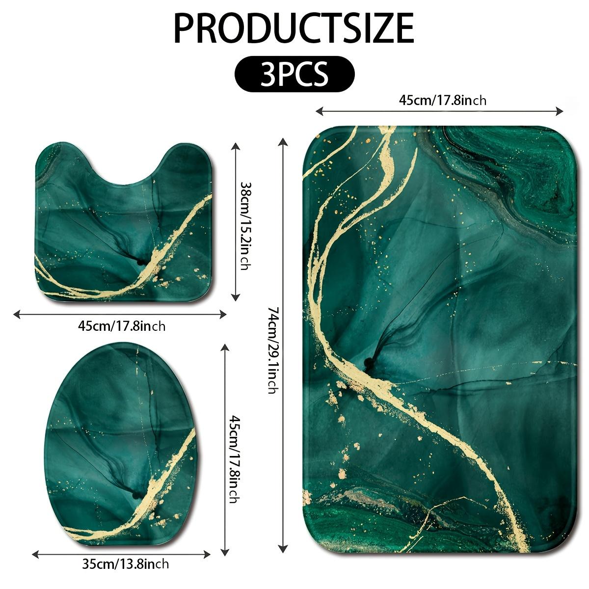 3PCS Green Marble & Golden Bath Rug Set, Fleece Non-Slip Absorbent Mat, Includes U-Shaped Rug and Toilet Lid Cover for Decor
