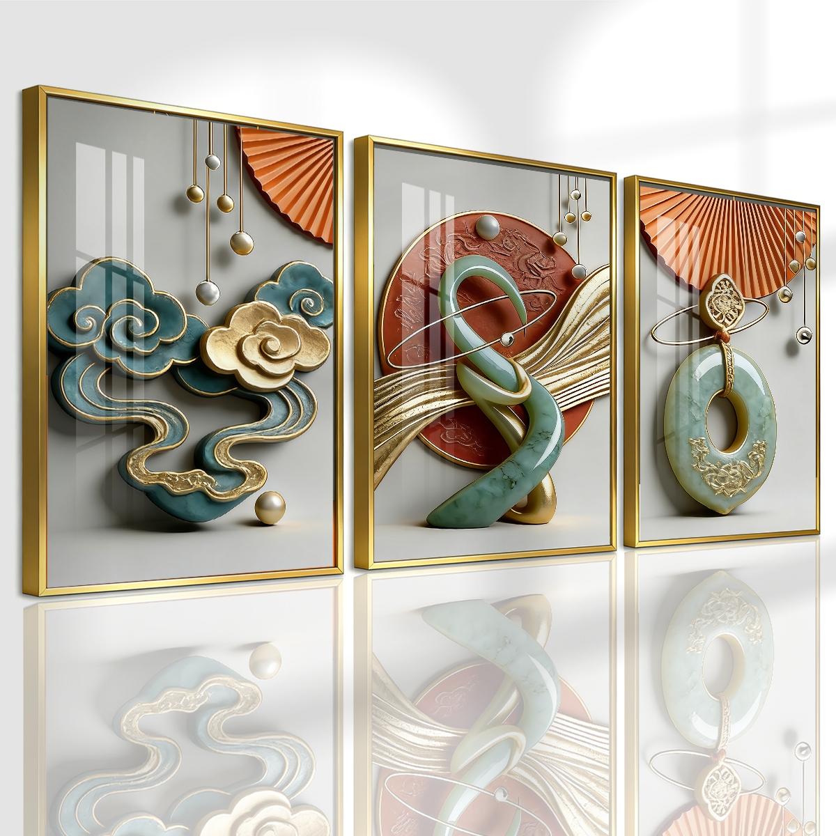 3 Counts Aluminum Alloy Framed Painting, Abstract Jade And Gold Art Sculpture Pictures, Home Decoration For Living Room, Bedroom, Office, Restaurant, Hallway Wall Decor, Odorless Print Artwork, Luxury Perfect Gift For Friends And Family