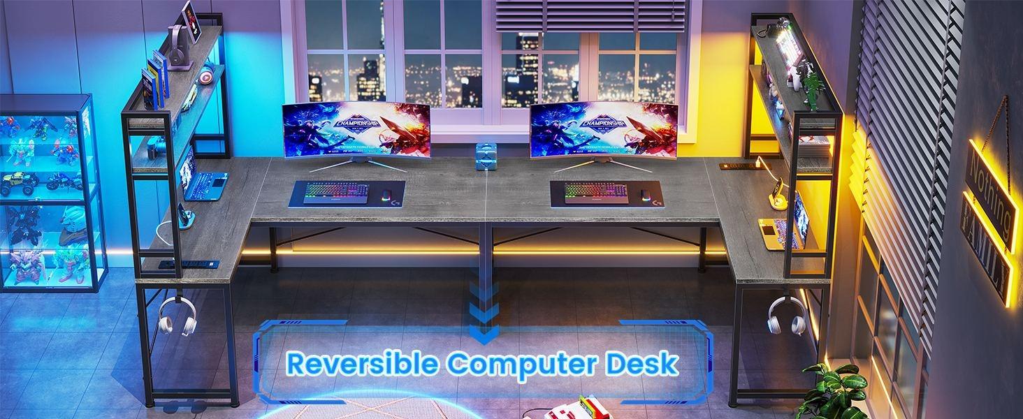 Sikaic 45.3 inches LED Reversible L Shaped Gaming Desk with Hutch Power Outlet Storage Shelves and Hooks Furniture Table Modern Ergonomic Computer Monitor Stand Dual Monitor Stand