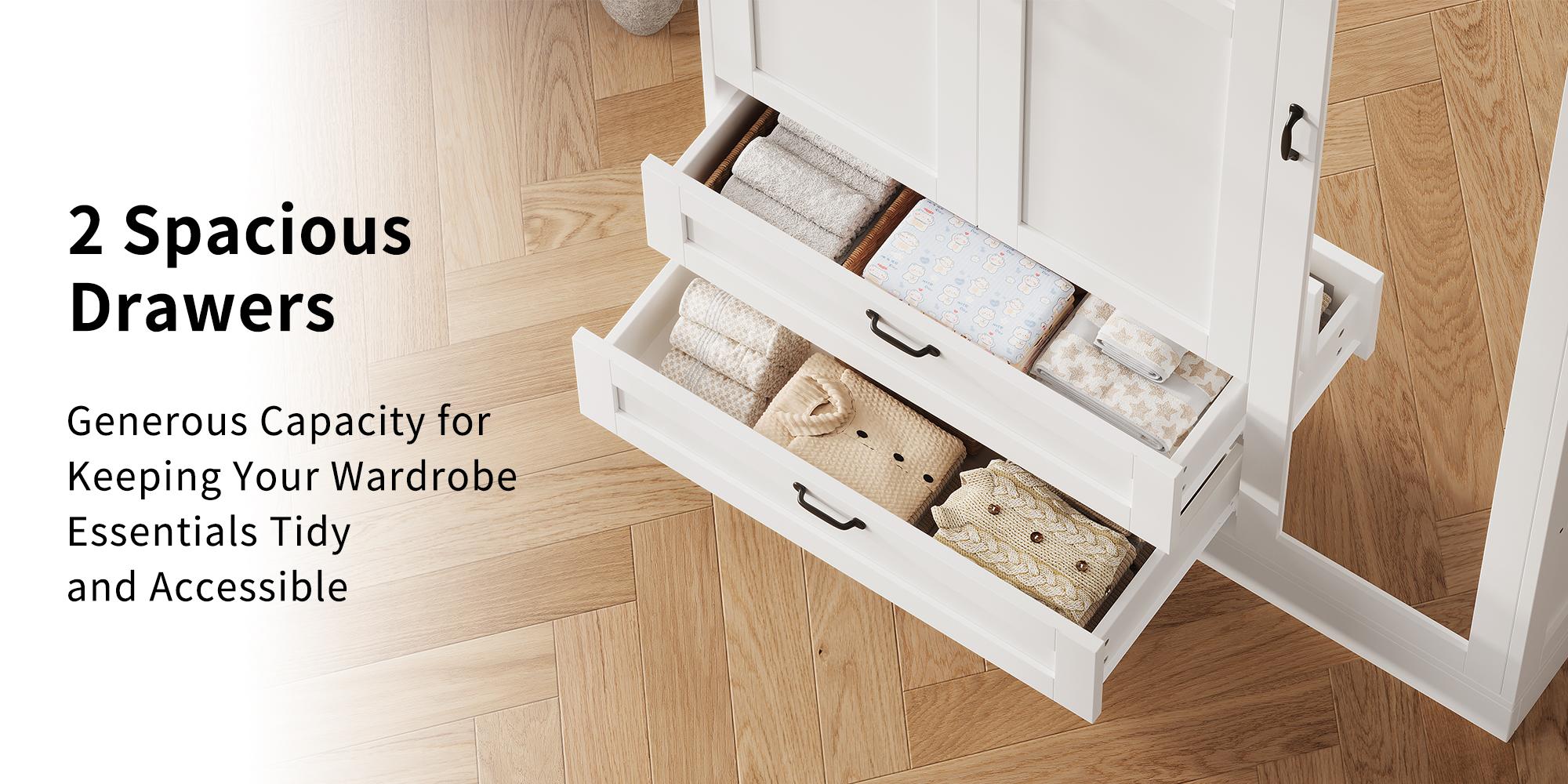 FUSOU 5-in-1 Wardrobe Closet with Full Length Mirror and 2 Drawers, Freestanding Storage Cabinet with Adjustable Shelves, Modern White Wood Armoire for Bedroom Organization