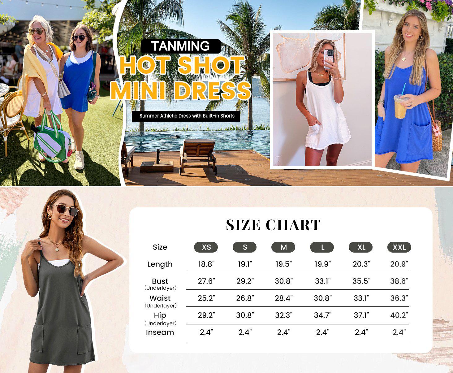 Tanming Women's Athletic Sleeveless Mini Dress with Built-in Shorts Summer V Neck Spaghetti Strap Short Spring Tennis Dress with Pockets