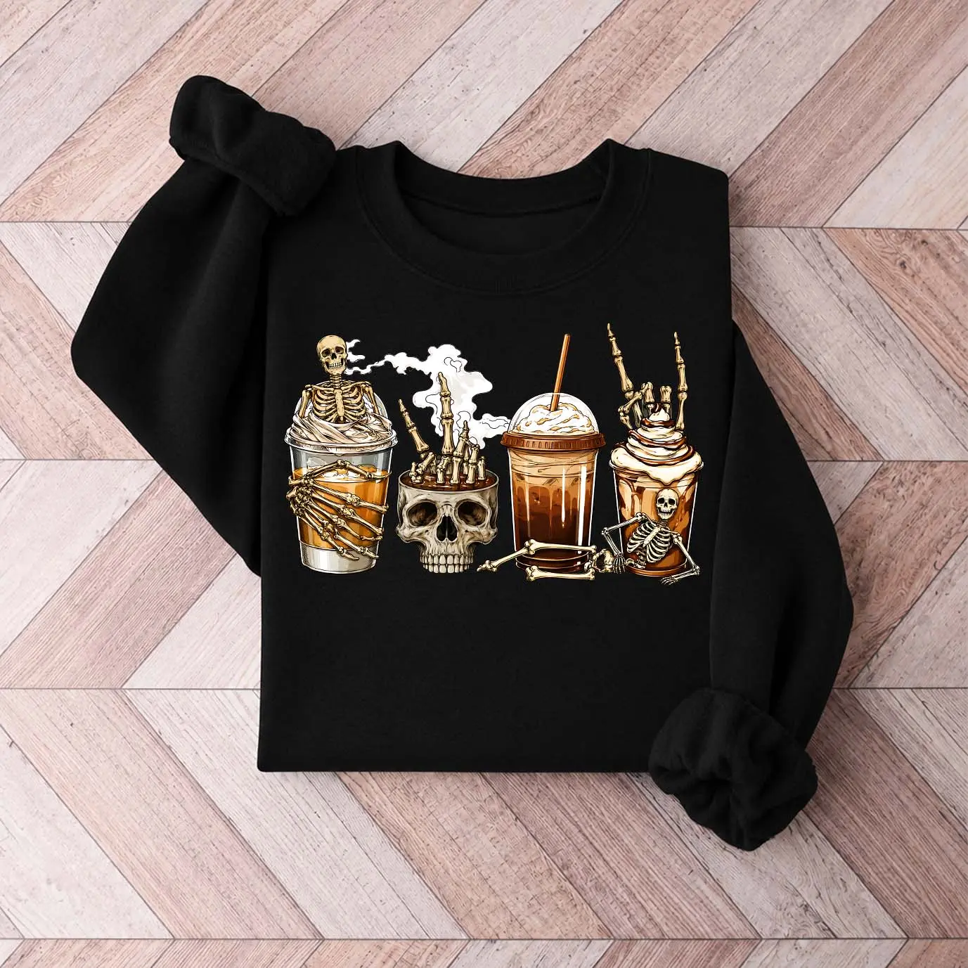 Women’s Halloween Skeleton Coffee Graphic Sweatshirt, Spooky Iced Coffee & Skull Crewneck Pullover, Cozy Long Sleeve Fall Top for Coffee Lovers, Casual Autumn Shirt for Halloween Parties, Weekend Wear & Seasonal Gifts