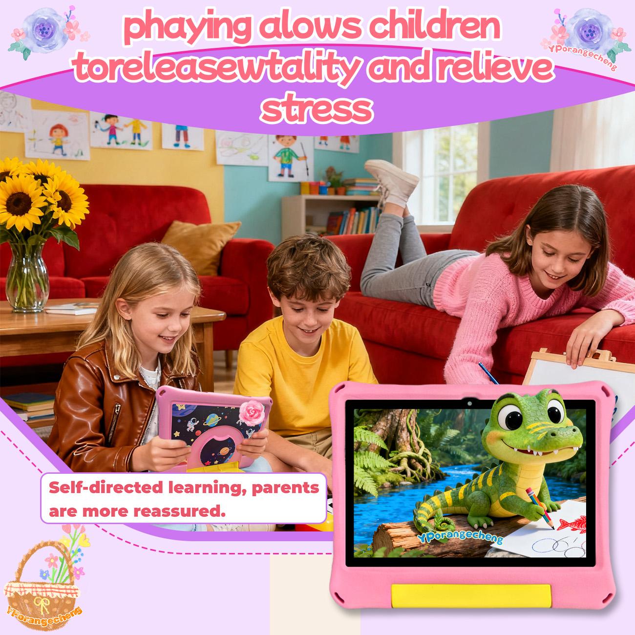 10.1-inch Touchscreen Android tablet, equipped with IWAWA education software, multiple smart applications, for home use, detachable case, portable and drop resistant, Christmas and Halloween gift, accompanying growth, no adapter, blue/pink/green