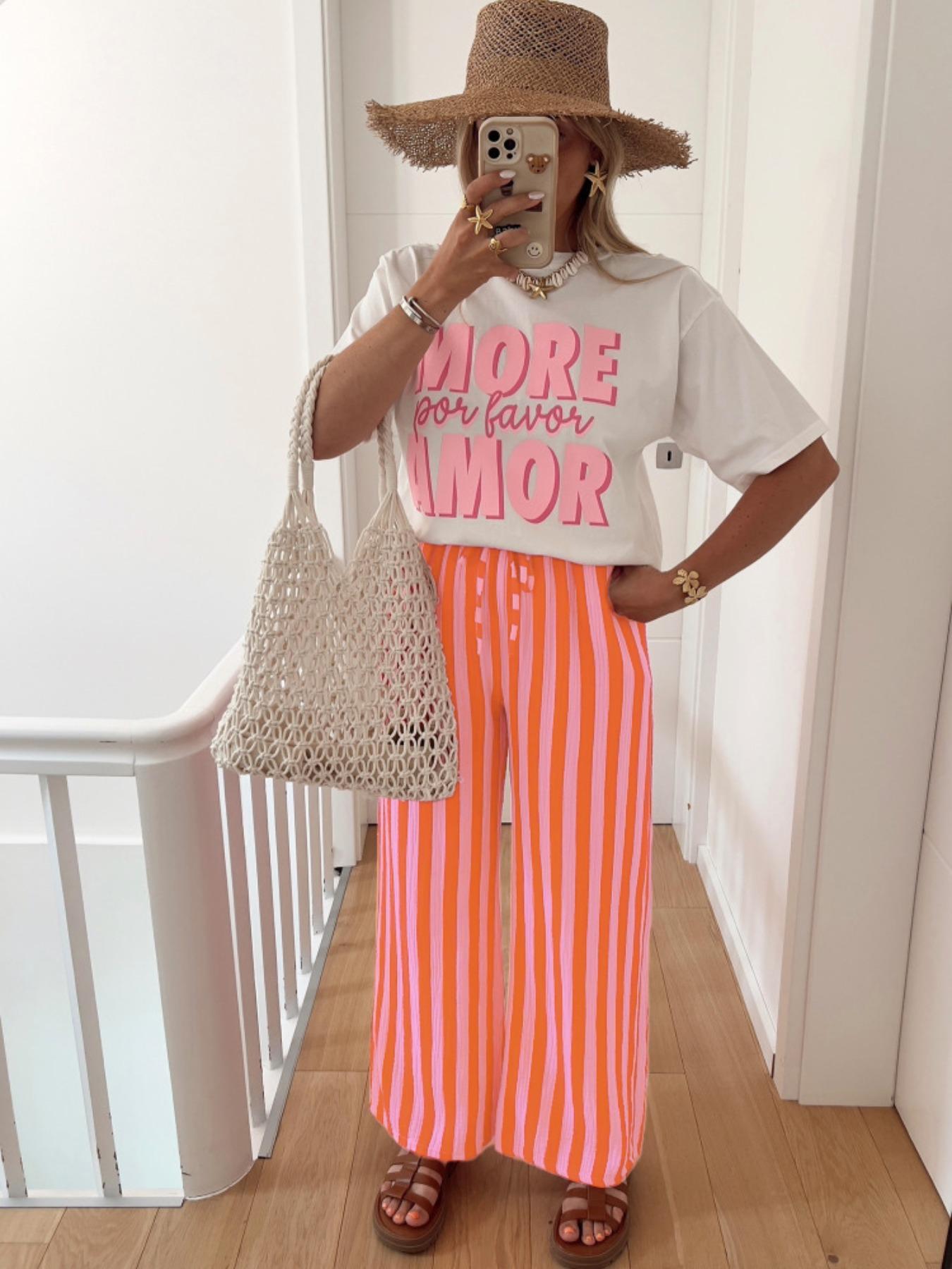 Women's Long Pants Casual Trousers Drawstring Elastic Waist Straight Leg Loose Casual Comfortable Printed Striped for Spring & Fall, casual streetwear pants, Womenswear