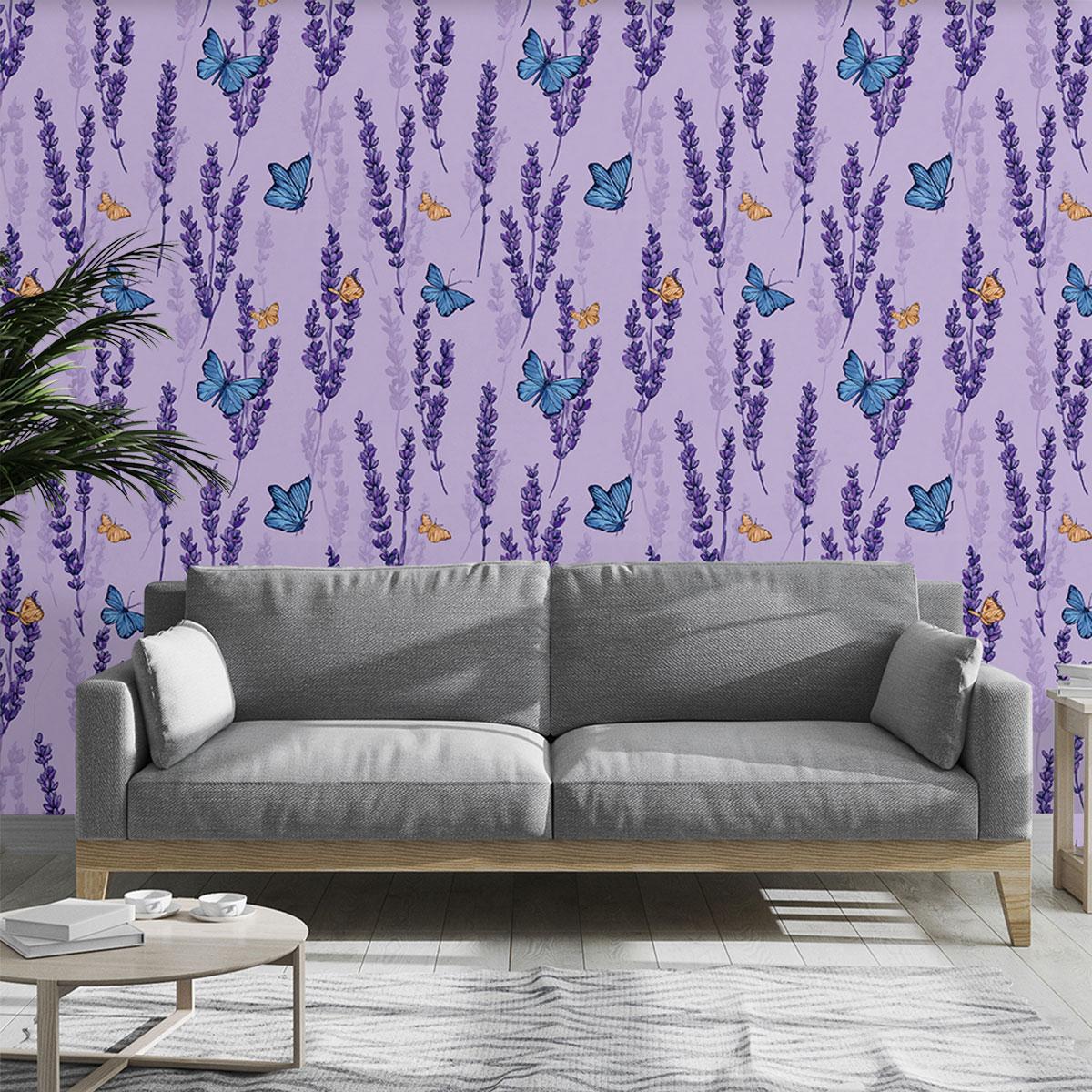 1pc romantic lavender butterfly element printed PVC wallpaper, with adhesive backing for peel-and-stick application, suitable for covering dirty or messy walls, renovating old walls, and home decoration; suitable for all room walls, can be used as a gift
