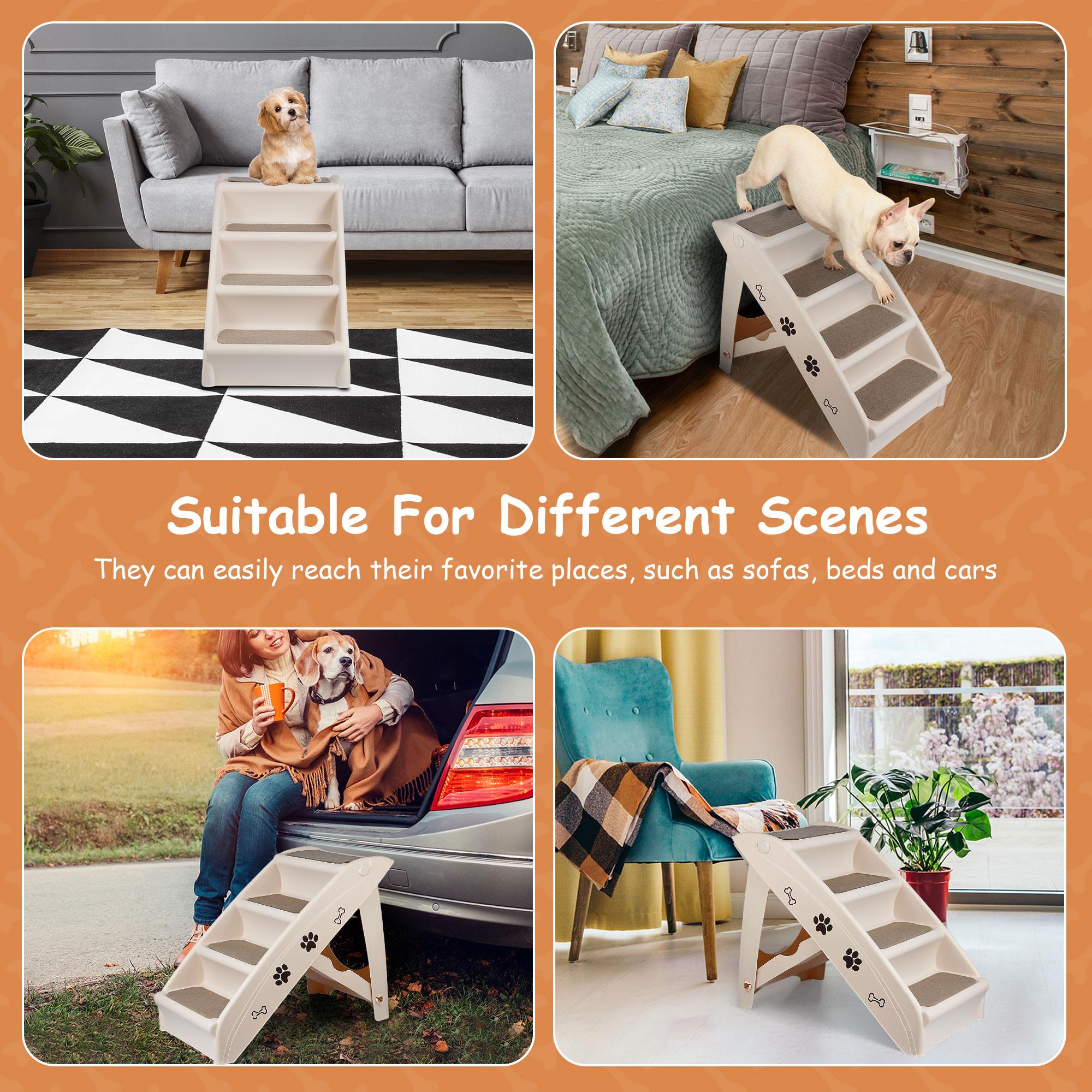 Pet Republic 4 Step Non-Slip Pet Stairs Foldable Steps for Small Dog W/Washable Carpets, Beige