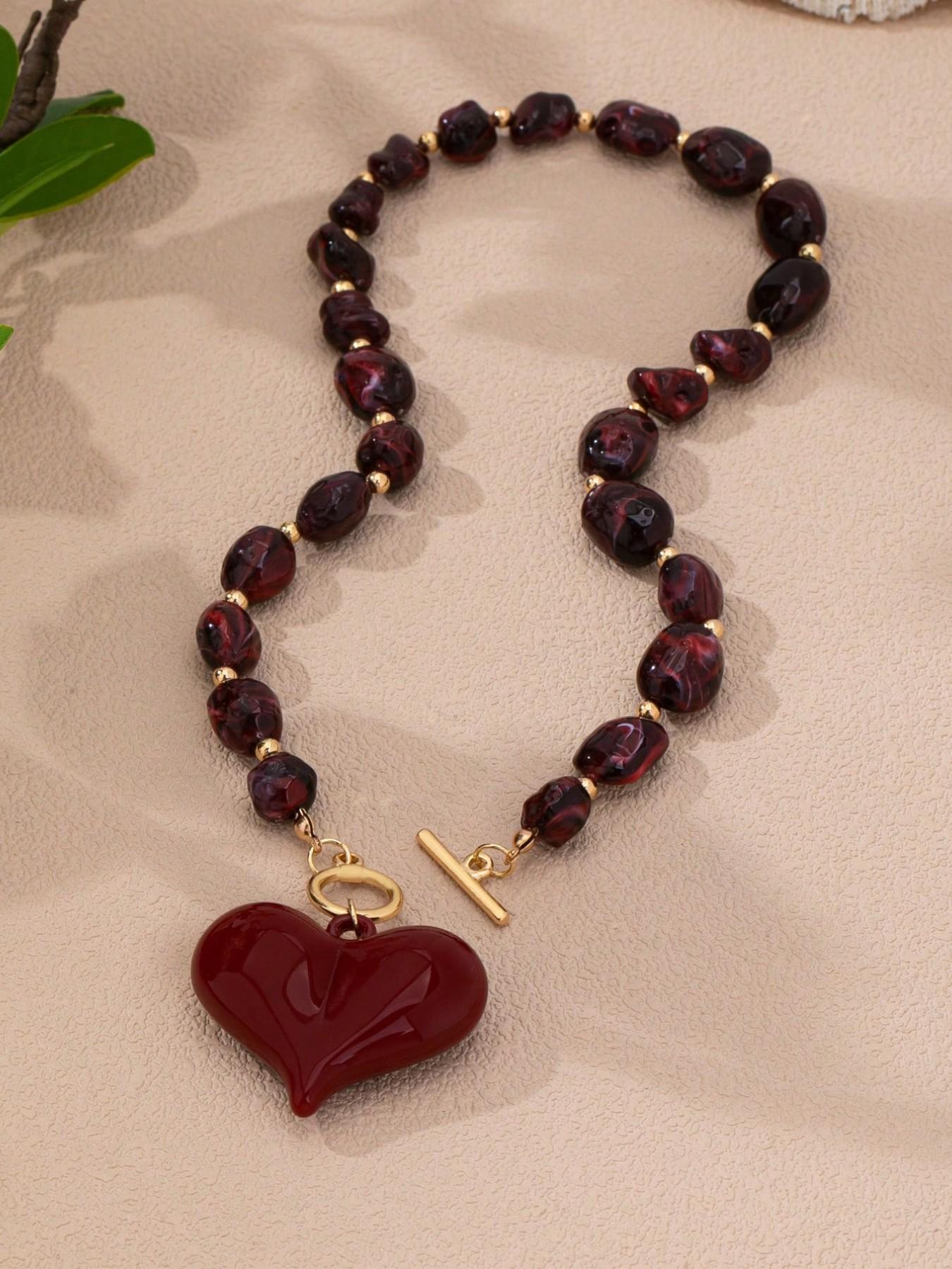 3Pcs Vintage Chunky Beaded Resin Heart Pendant Necklaces for Women, Statement Necklaces with Toggle Clasp, Trendy Jewelry Gift for Parties & Daily Wear, Casual Jewelry
