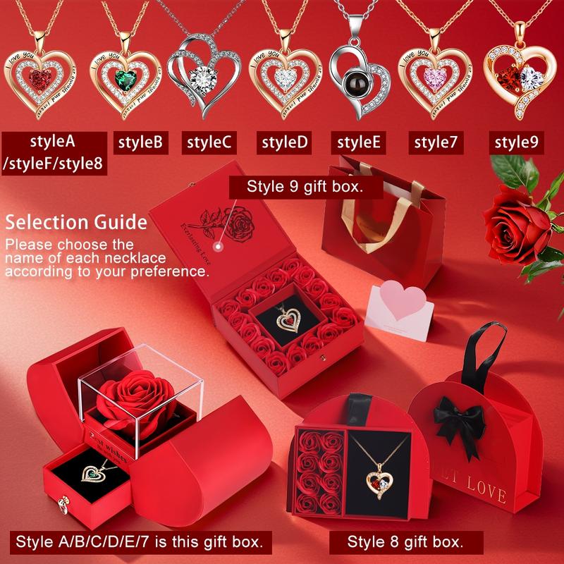 Rose Party Gift Box with Love Heart Necklace, 1 Set Romantic Rose Gift Box with “I Love You” Jewelry Necklace, Gift for Mom, Wife or Girlfriend, Birthday Gift