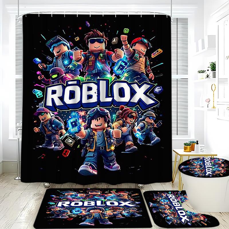 Roblox Game Theme Bathroom Four Piece Set, Character Print Shower Curtain, Player Exclusive Bath Mat, Toilet Pad, U-Shaped Pad, Elegant Bathroom Decor