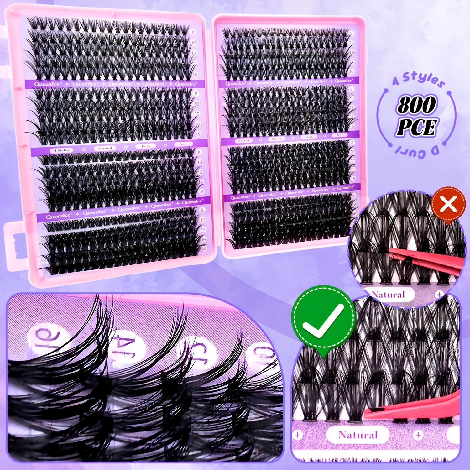 800pcs QUEENICE Eyelash Tuft Kit Compatible for 2-in-1 Bonding Glue - 800 Lashes with Applicators (Tweezers & Mascara Brush), DIY Lash Bonding System, Mix of 50D/30D/40D/60D/80D/9-16mm Lengths for Beginners at Home, /Volume/