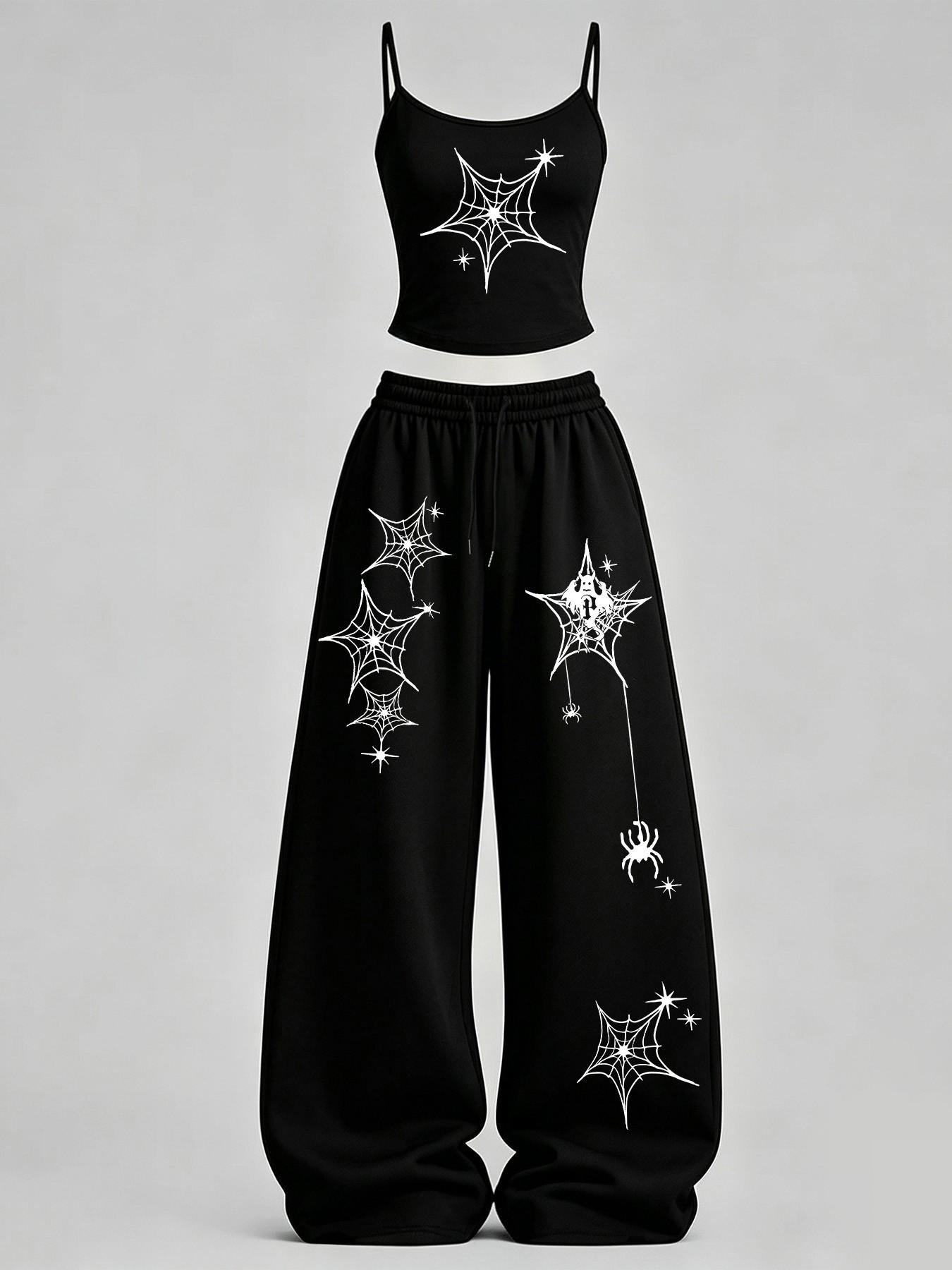 Women's Casual Spider Web Print Slim Fit Tank Top + Loose Baggy Pants Set, Y2K Street Style, Daily Wear, Home Leisure, Campus Fashion Women's Casual Spider Web Print Slim Fit Tank Top + Loose Baggy Pants Set, Y2K Street Style, Daily Wear, Home Leisure, Campus Fashion