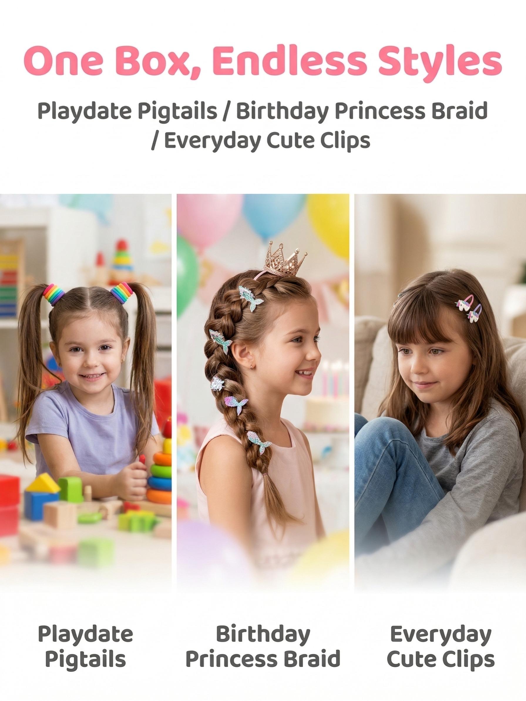 719pcs Rainbow Series Hair Accessories Gift Box Set for Little Girls. Includes 3-layer storage, hundreds of unicorn, star, BB clips, flower loops, bands. Great for daily hairstyle design & holiday gifts.