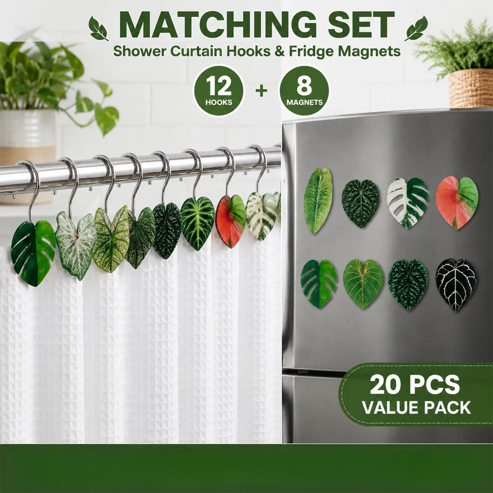 Set of 20 Tropical Plant Leaf Decor Combo Shower Curtain Hooks with Fridge Magnets Monstera Caladium Anthurium Rustic Botanical Style Rustproof Home Ornament for Plant Lovers Bathroom Kitchen Dorm Room Decoration