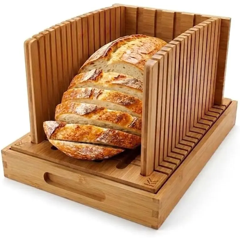 Adjustable Bamboo Bread Slicer with Crumb Tray - Loaf Slicing Guide for Sourdough, Toast & Kitchen Baking (Home & Party Supply Gift)