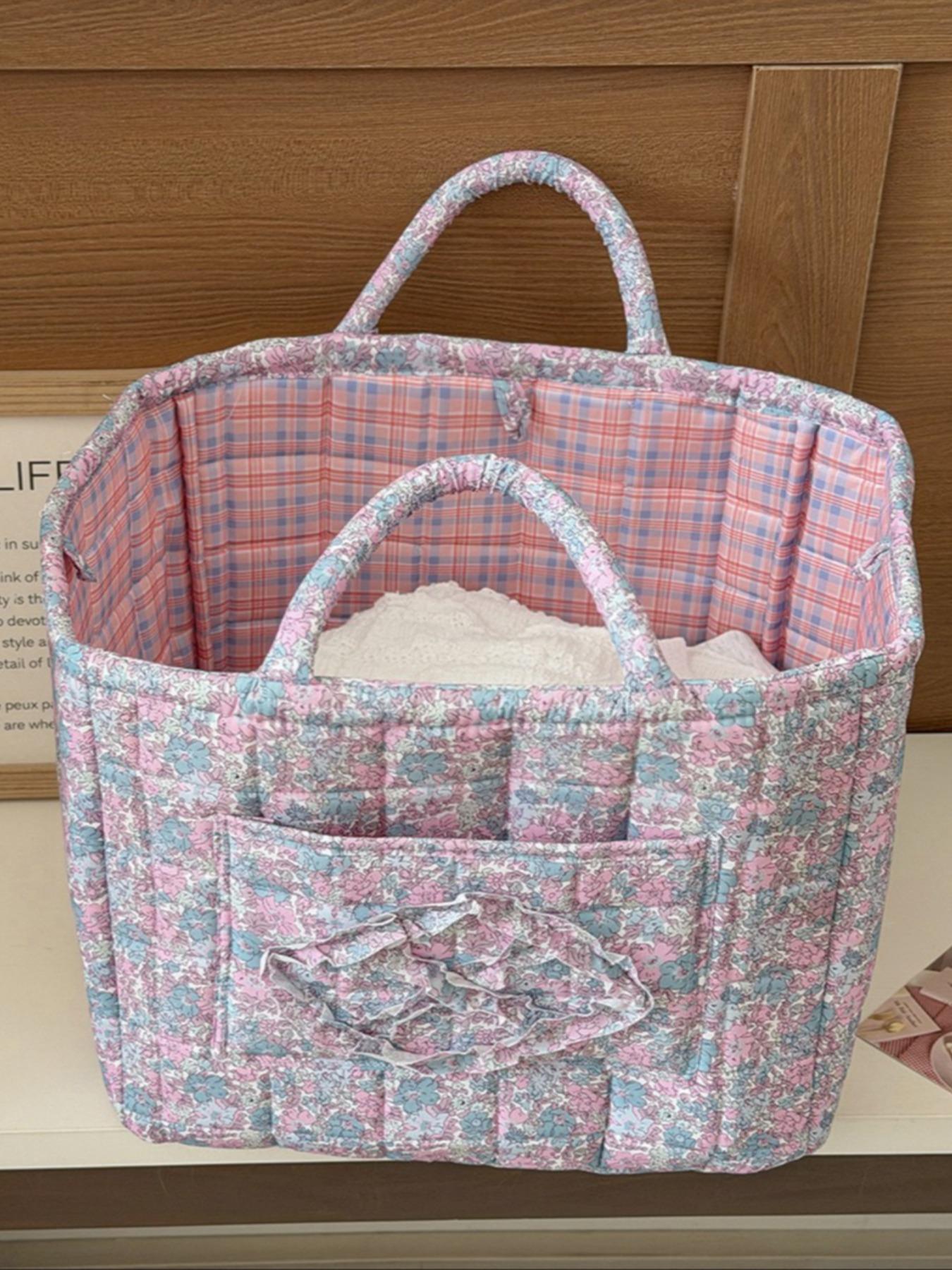 Large capacity floral quilted storage basket with plaid lining and multi-purpose organizer to store makeup, toiletries and daily essentials, perfect for bedrooms, bathrooms, offices and travel