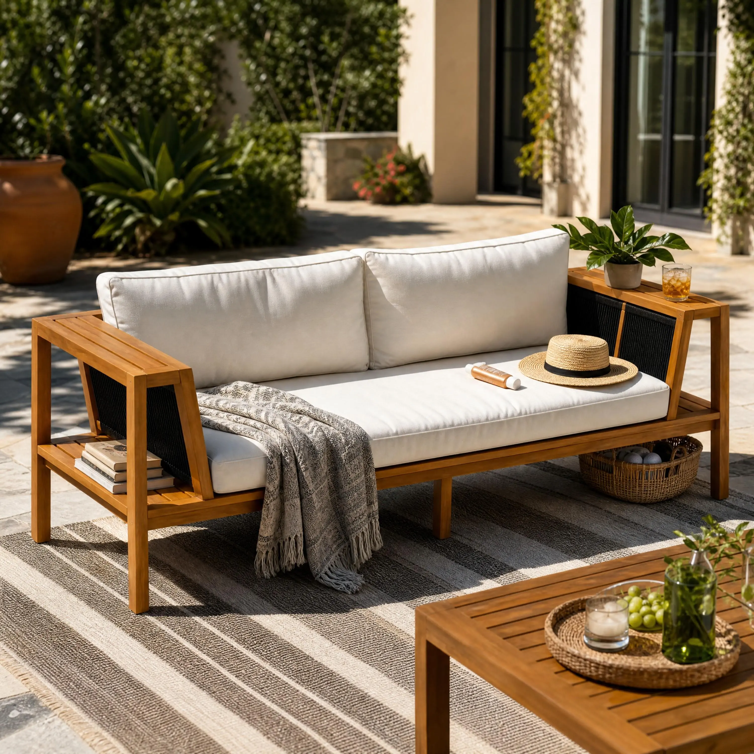 Teak Finish Acacia Wood Outdoor Daybed Sofa Set with Black Woven Rope and Cream Water-Resistant Cushions, 2-Seater Patio Bench for Garden, Pool, and Backyard