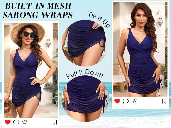 UMIPUBO Women One Piece Swimsuits Tummy Control Swim Dress Front Cross Bathing Suits Mesh Sheer Sarong Wrap Slimming Swimwear