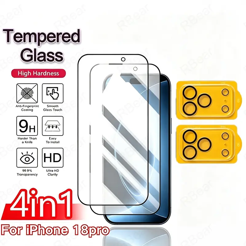 4 IN 1 Phone Protection Kit, HD Black Bezel Tempered Screen Film & Camera Lens Protector Anti Scratch Wear Resistant Accessories for iPhone 18, 18 Pro, 18 Pro Max