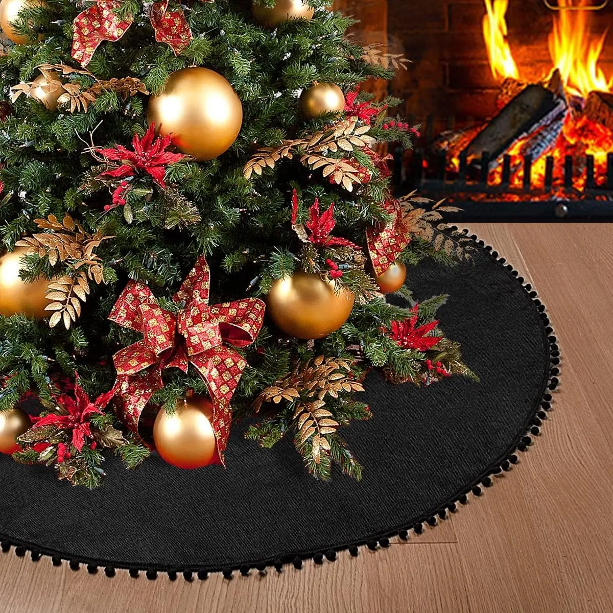 Christmas Tree Skirt, Black Christmas Tree Skirt 48 inches Soft Double Layer Burlap Tree Skirt with Pom Pom for Rustic Christmas Halloween Decorations