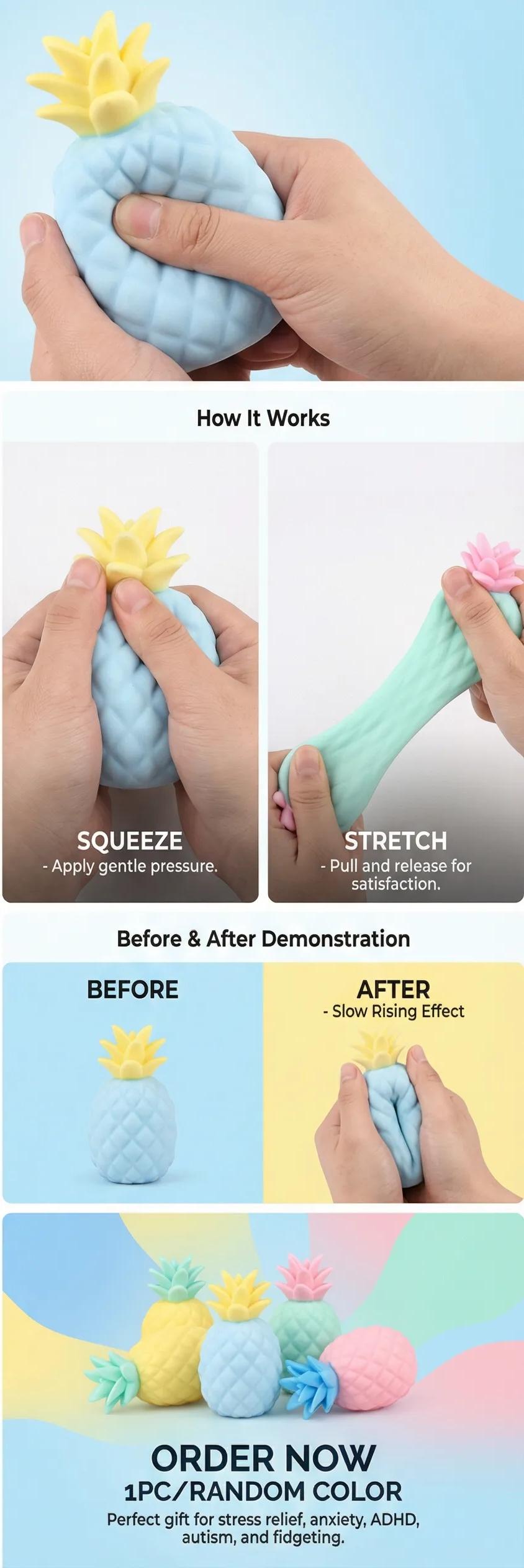 Mini Random Color Pineapple Stress Ball, Mini Fruit Squishy Dough Balls, Sensory Fidget Toys for Adults, Stress Relief, Calm Focus