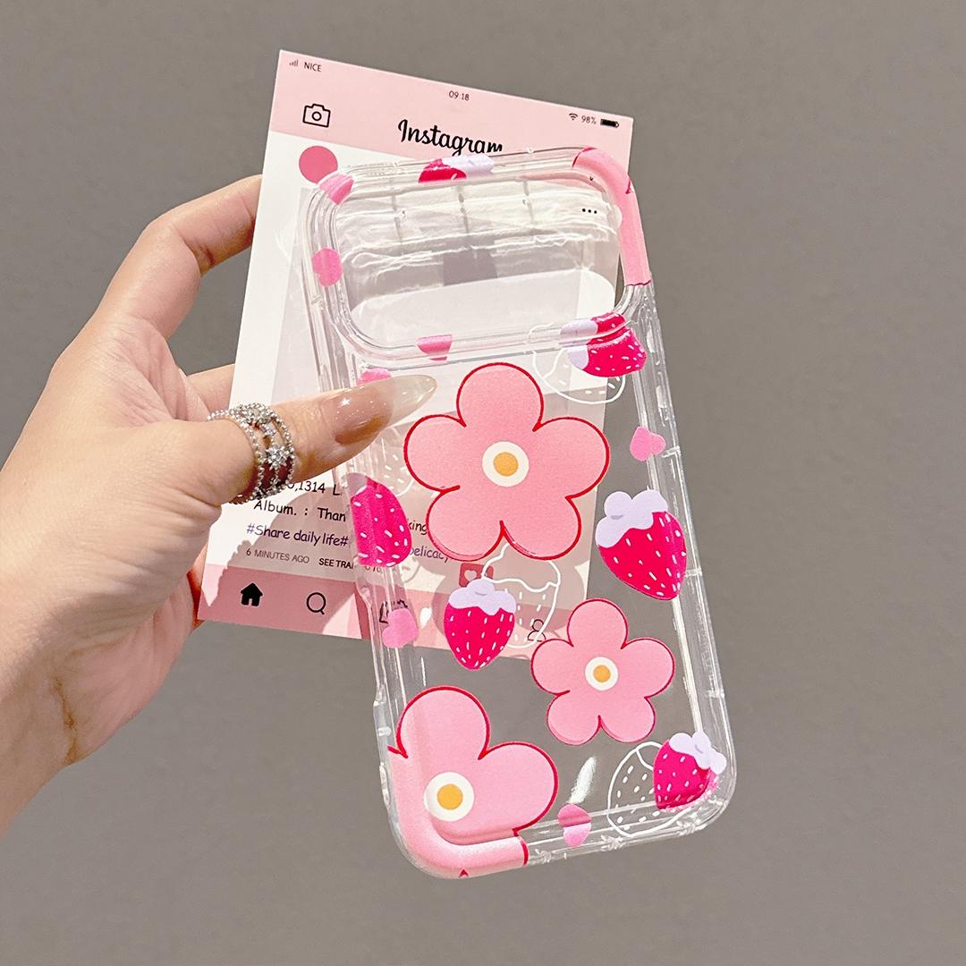 Fashion Strawberry Floral Design Transparent Air Cushion Anti-Drop Protective Phone Case, Compatible with iPhone 17/16/15/14/13 Series