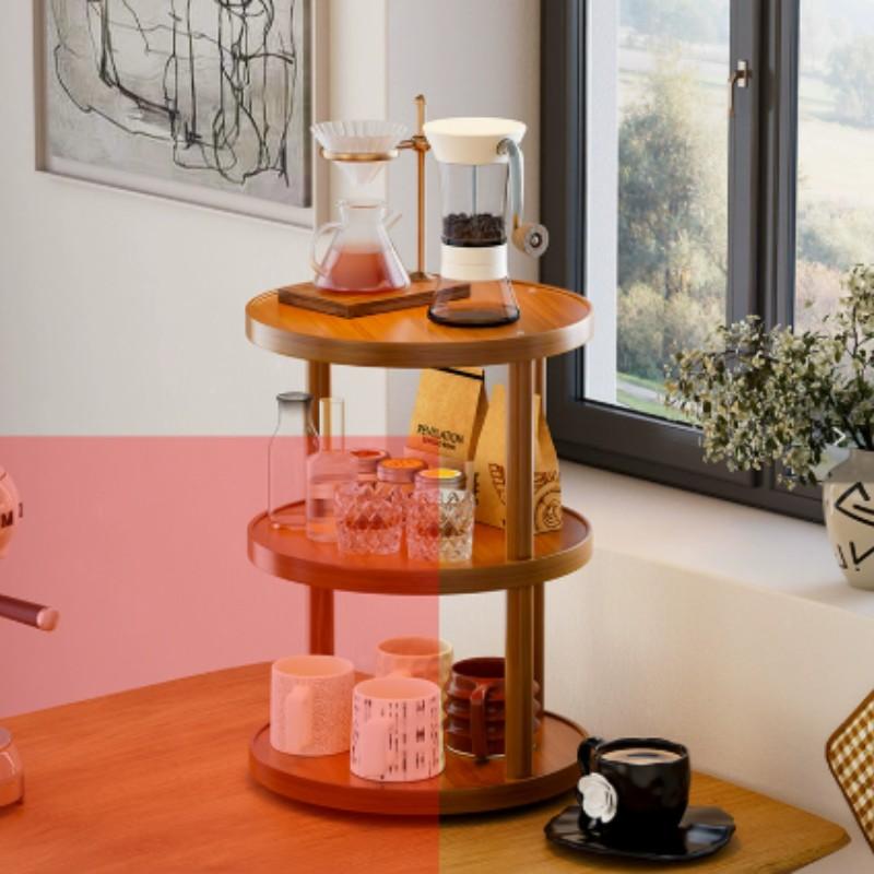 Round Table Three-Tier Storage Rack, Cosmetic Organizer, Perfume Display Stand, Fixed/rotating Base, Indoor Living Room Cup Holder, Bedroom Cosmetics Shelf
