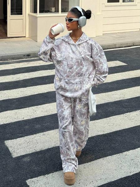 Women's Casual Fall Winter Hoodie Set, Camouflage Print, Elastic Waist Pants, Loose Fit, Thick Fabric, Daily Wear