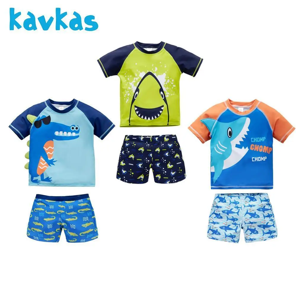 Boy's 2-Piece Rash Guard Swimsuit Set, UPF 50+ Short-Sleeve Swim Shirt & Trunks, Shark or Crocodile Printed Kids' Sport & Outdoor Swimwear