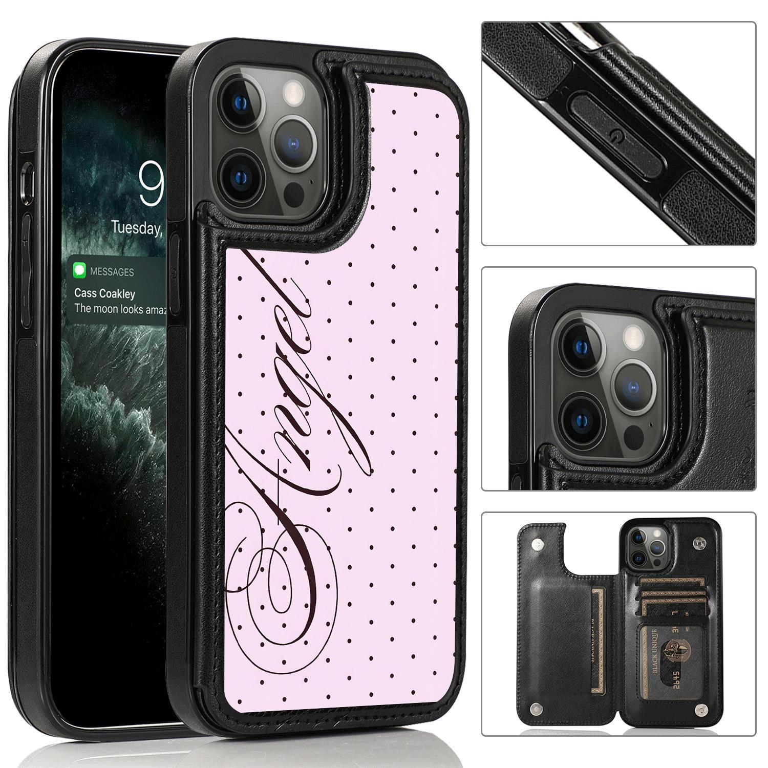 Pink Polka Dot Letter Card Holder Phone Case - Phone Accessory for iPhone 17-13 Series, Protective Cellphone Cover with Pocket for Bank & Transit Cards, Soft TPU Cover, Ideal Gift for Girls