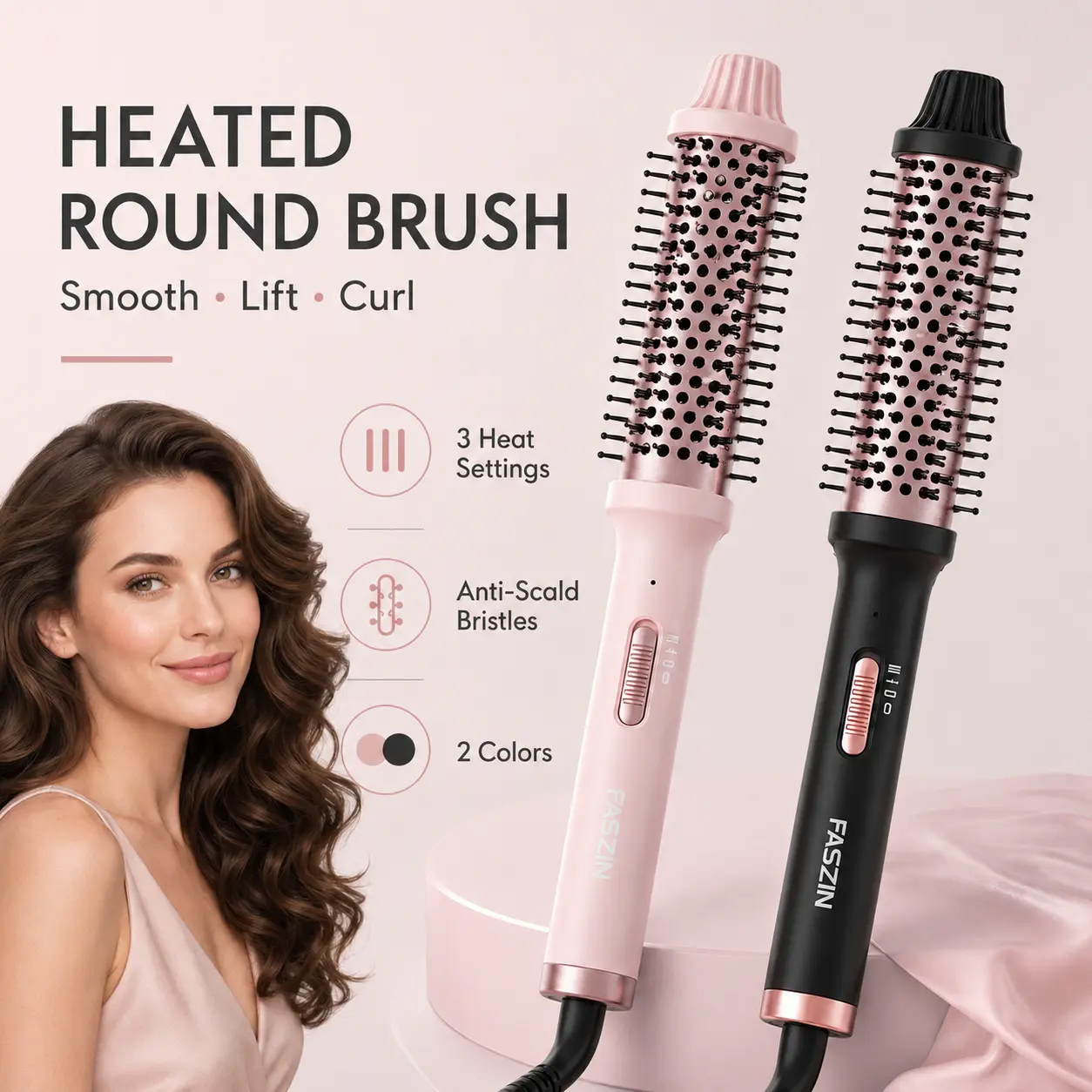 1.5 Inch Heated Round Brush, Volumizing Thermal Styling Brush for Blowout Look, Root Lift, Soft Curls & Smooth Ends, Anti-Scald Bristles, 3 Heat Settings, Electric Curling & Straightening Brush for Women