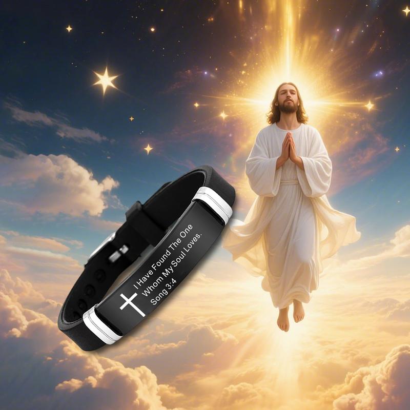 Inspirational Quote Bible Verse Cross Bracelets Faith Christian Silicone ID Wristband Religious Gifts for Men Women Stainless Steel Rubber Adjustable Bracelet