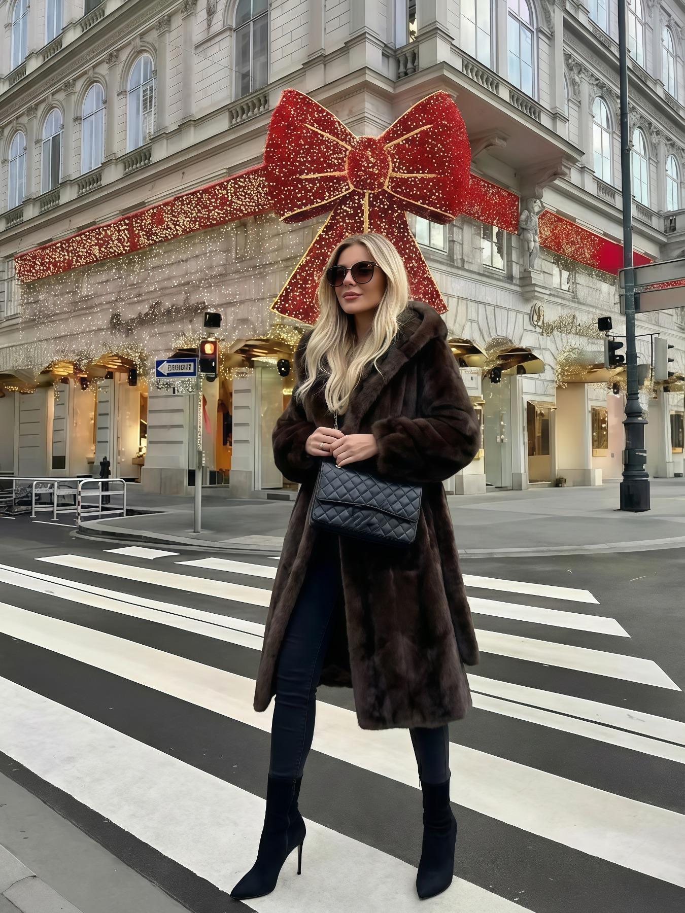 Women's Faux Fur Coat, Winter Fashionable Long Sleeve Hooded Jacket, Casual Loose Fit Medium-Length Outerwear for Daily Wear