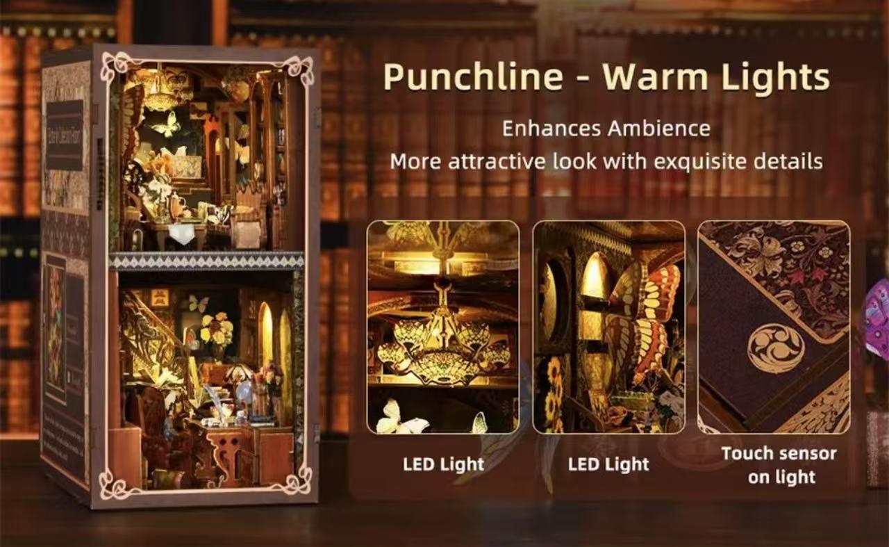 DIY Book Nook Kit 3D Wooden Puzzle Miniature Toy House Book Corner Kit Bookshelf Block Bookshelf Insert Decoration With LED Lights and Glue Suitable for Adults and Teens (Butterfly Collection Room)