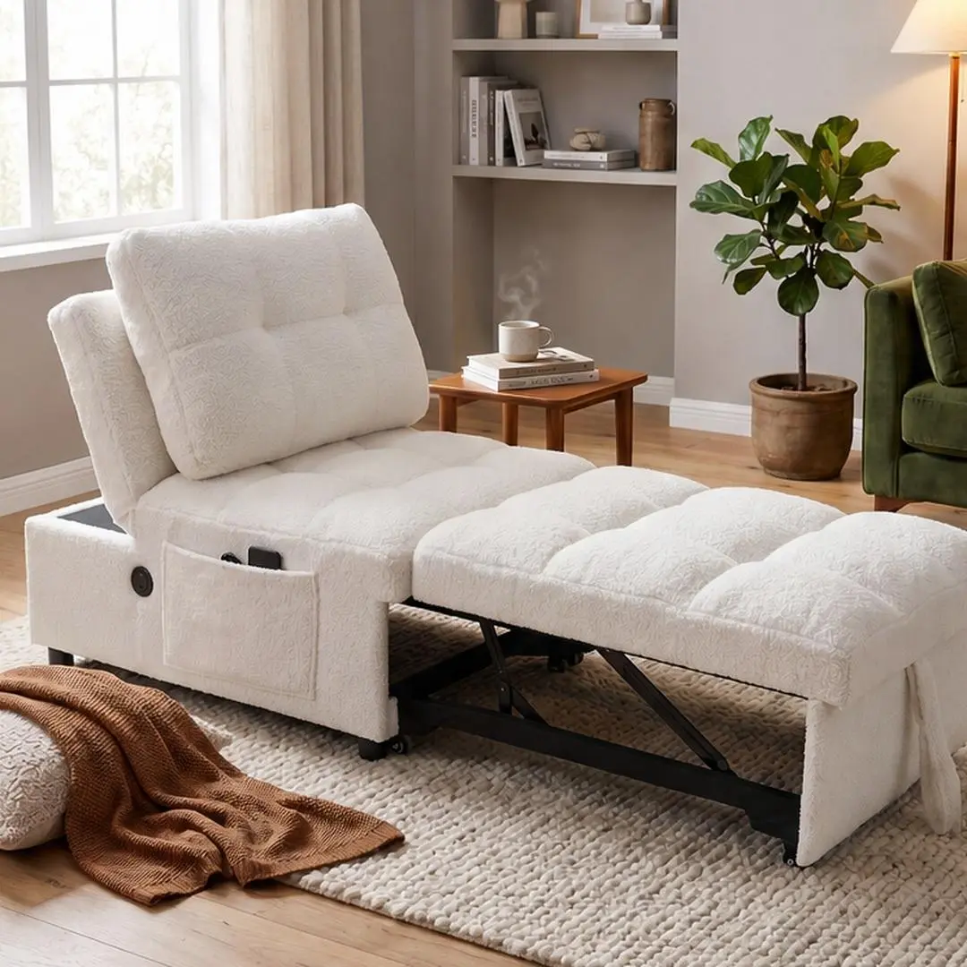 Armless Convertible Sofa Bed with Teddy Fabric Upholstery, Adjustable Backrest, USB Charging Port and Side Storage Pockets, White Sleeper for Small Apartments, Living Rooms and Studies