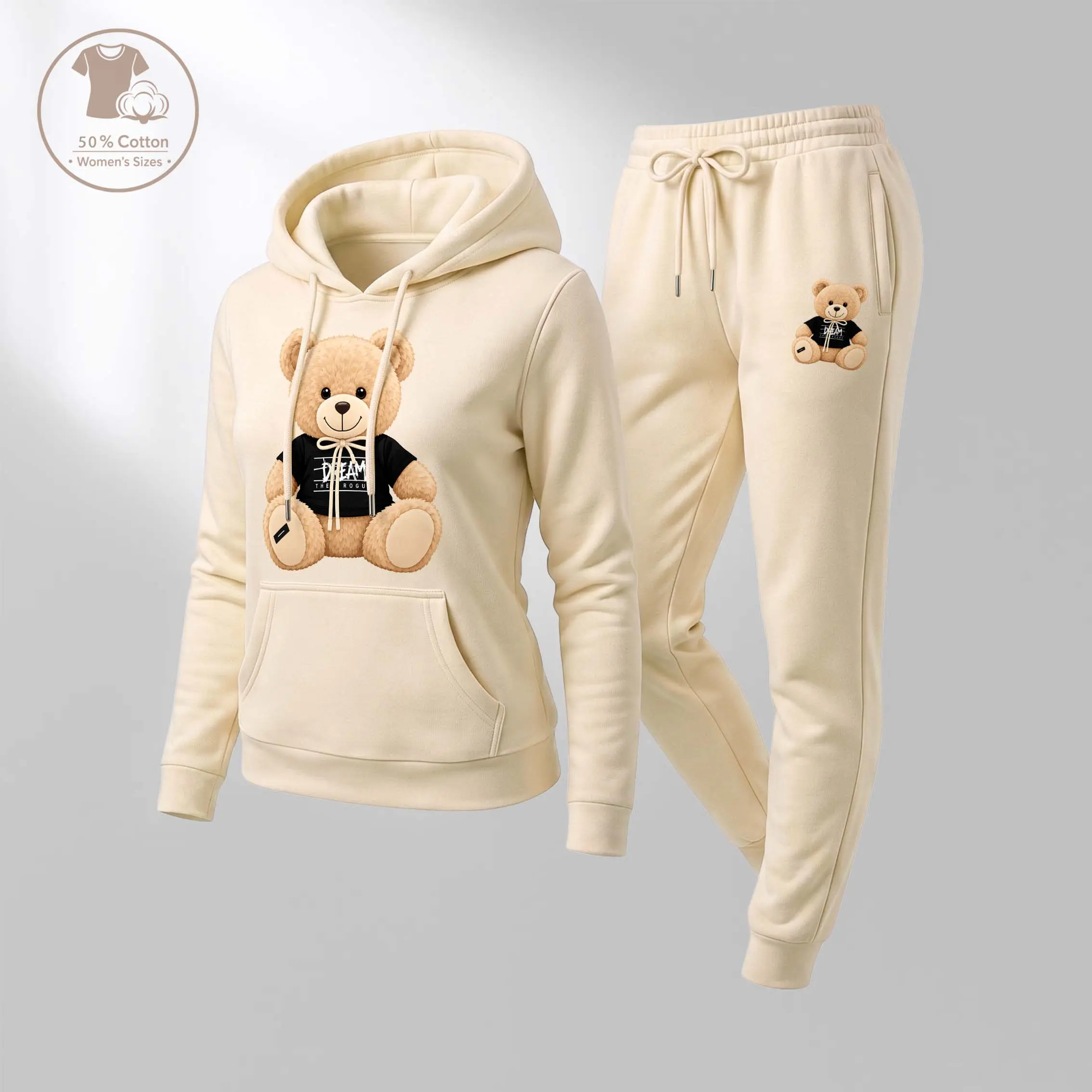 Women's 2-Piece 3D Teddy Bear Plush Graphic Hoodie & Jogger Set - Lady's Breathable Polyester Drawstring Pullover Hoodie with Sleeves, Relaxed Fit Lounge Streetwear Outfit,sohochic