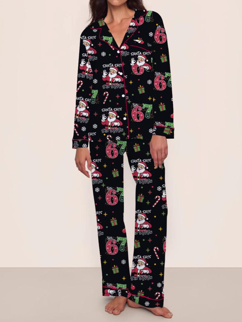 Women's 67 Six seven santa  Christmas Pajama Set, Fall & Winter Long Sleeve Loungewear, Elastic Waist Pants, Comfortable Cute Holiday, Christmas Gift