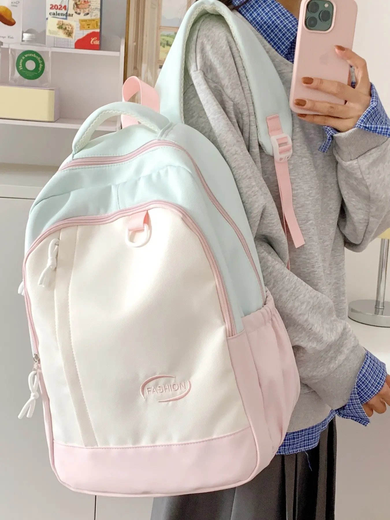 2026 New Macaron Color Block Backpack for Women, Large Capacity Student Bag, Lightweight Waterproof Nylon, Cute Style for All Seasons