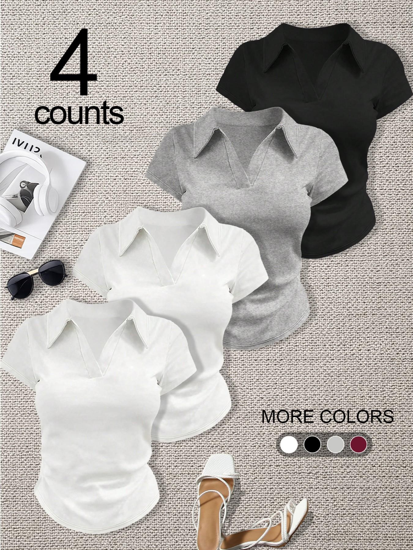 4-Piece Set, European Style Women's Casual Slim Fit Plain Polo Shirt Short Sleeve Top Shirts, Solid Color Versatile Design, Small V-Neck, Soft, Summer Wear