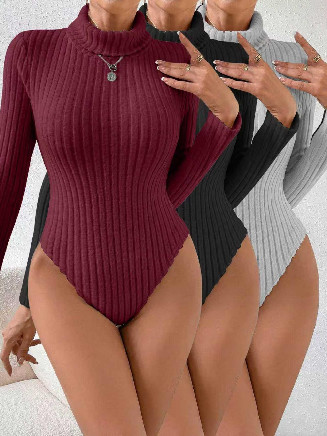 Women's Fall Winter High Neck Long Sleeve Three-Piece Bodysuits Set, Casual Slim Fit, Fashion Wear for Halloween and Christmas