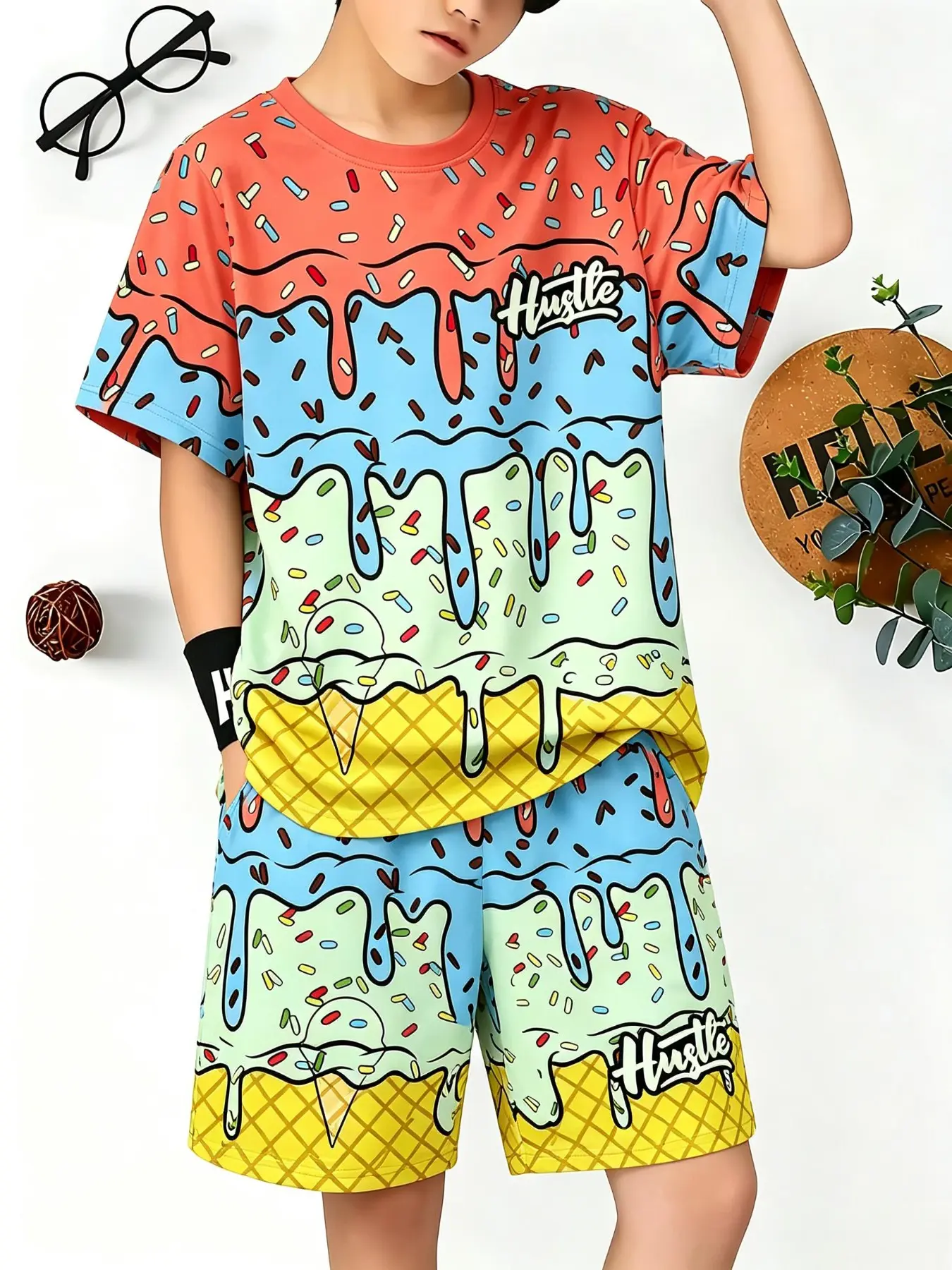 Kids Fun Ice Cream Print Short Sleeve Set, Trendy Casual Sporty T-Shirt and Shorts Two-Piece, All Seasons Wear