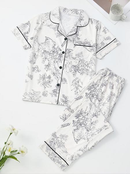 Women's Floral Button Front Pocket Shirt & Elastic Waist Pants Set, Casual Two-Piece, Short Sleeve Lapel Cardigan Top