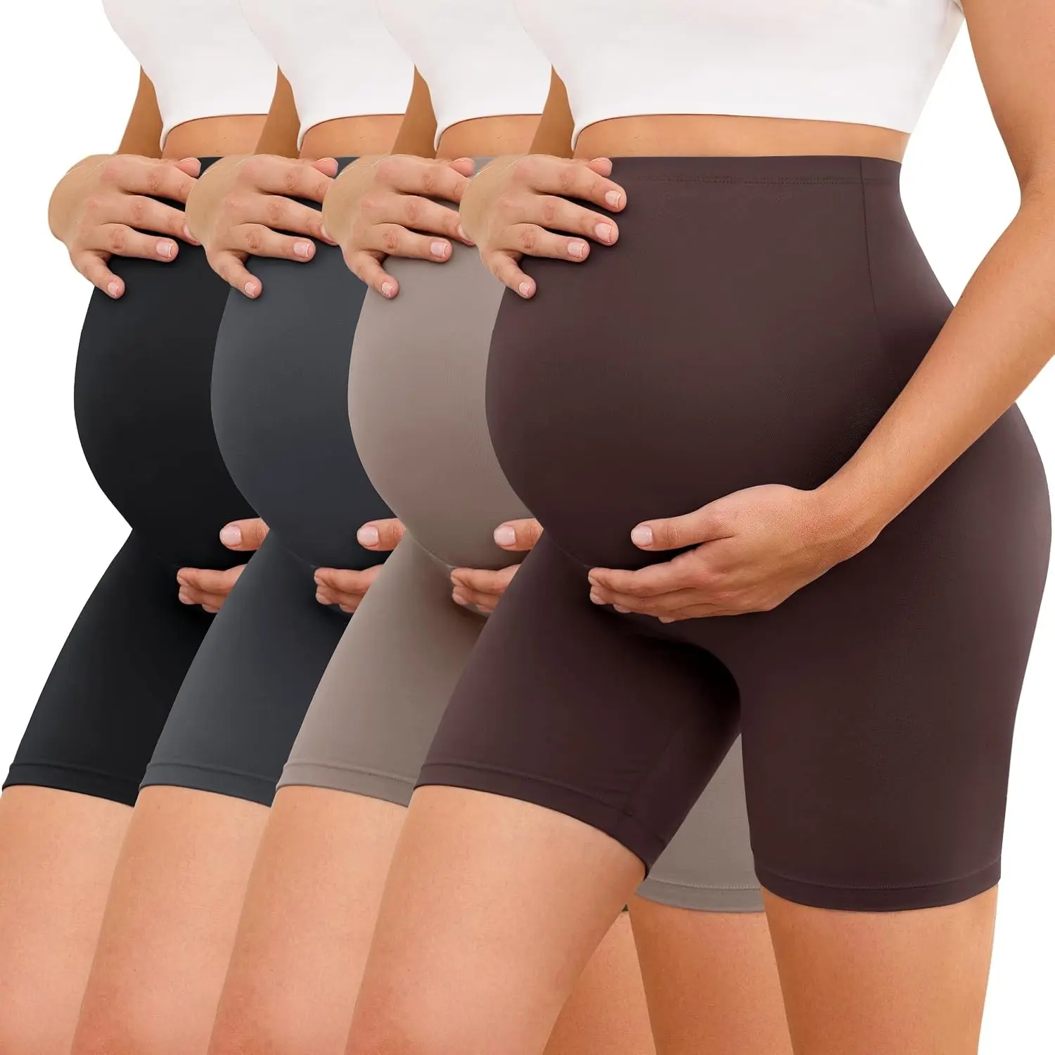 Creamlush 4 Pack Maternity Shorts 5"- Over The Belly Soft Stretchy Maternity Biker Shorts for Yoga Workout Lounge