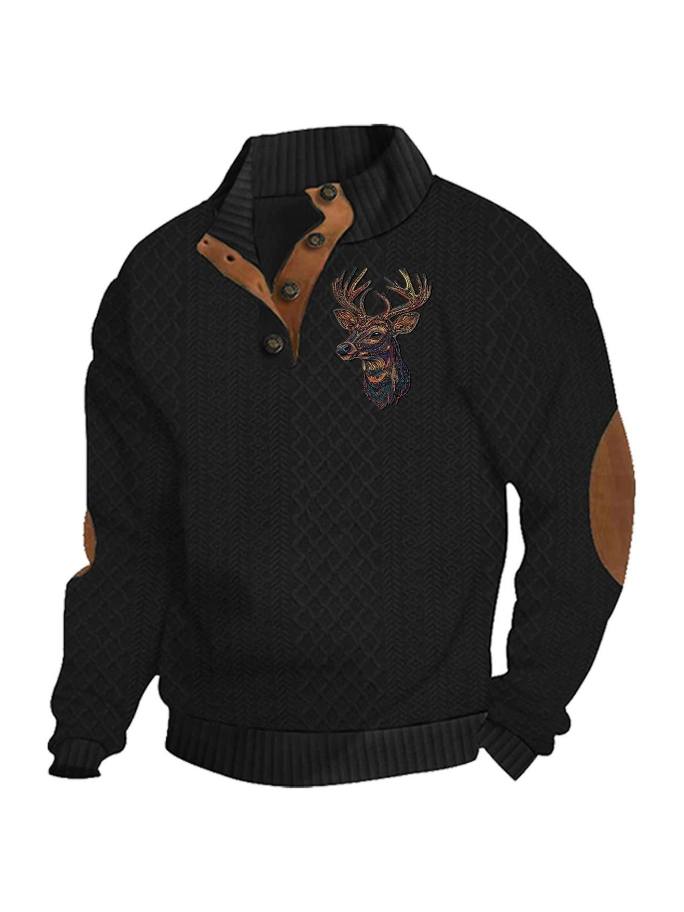 Men's Reindeer Print Patchwork Contrast Trim Jacquard Sweatshirt, Regular Fit Casual Comfy Long Sleeve Half Button Front Stand Collar Pullover for Spring & Fall, Fashion Men's Top for Daily Wear