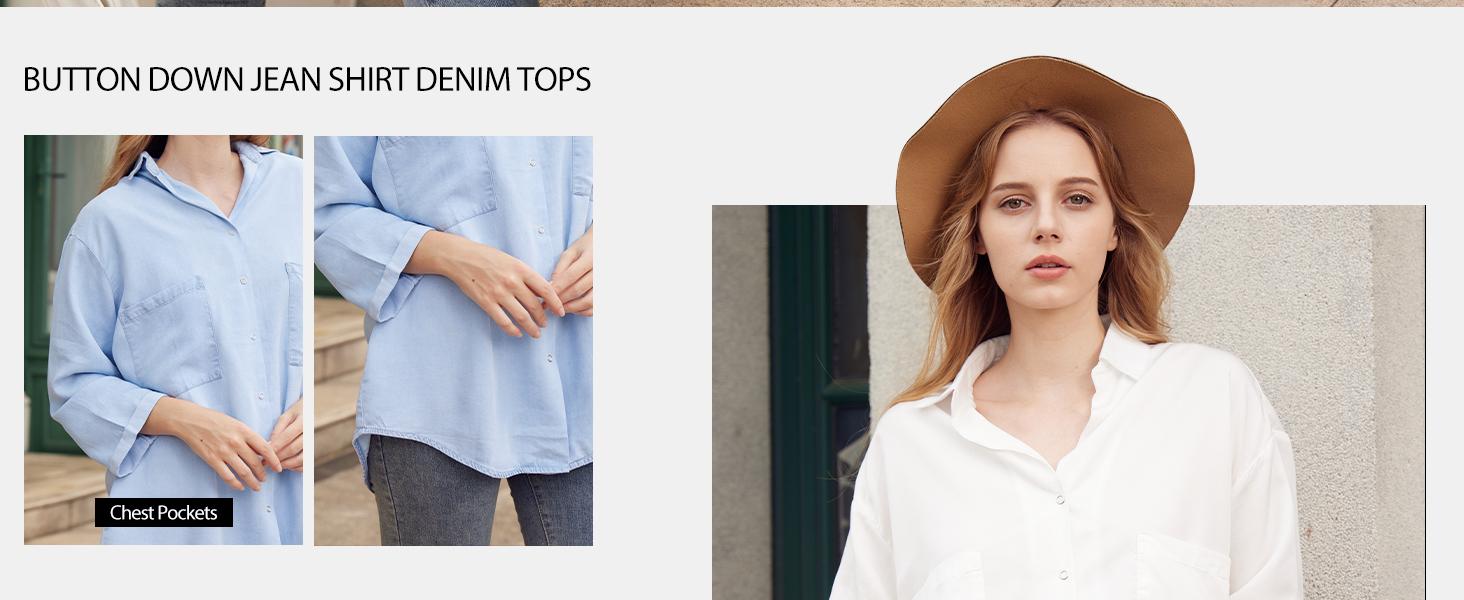Yimoon Womens Denim Shirt Chambray Blue Button Down Jean Shirts Denim Tencel 3/4 Sleeve Tops
