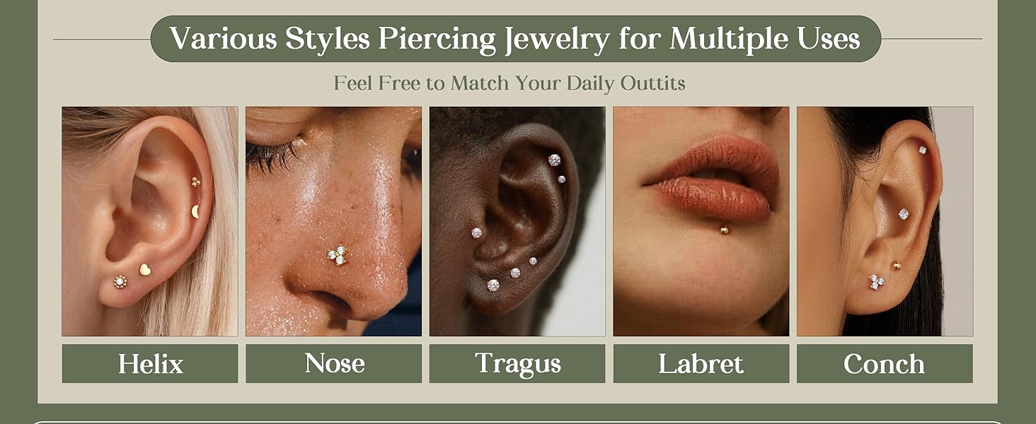 16G/18G Labret Piercing Jewellery Surgical Steel Internally Threaded Tragus Stud CZ Flat Back Earrings Lip Bar Tragus Helix Cartilage Conch Nose Piercing 6/8/10MM Nose Piercing Jewelry