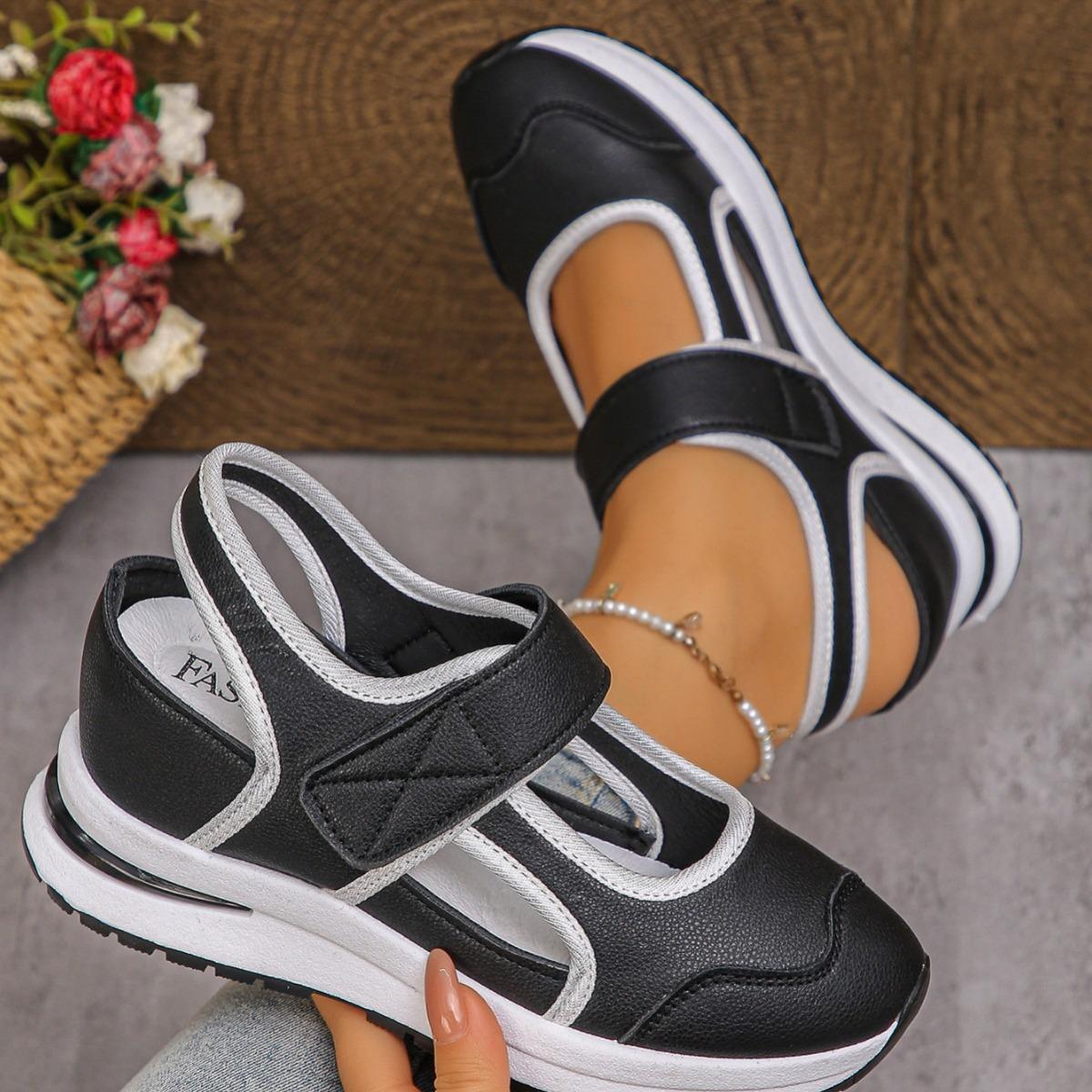 Women Hollow Out Wedge Sneaker Sandals, Breathable Hook & Loop Platform Walking Shoes, Color Block Casual Outdoor Shoes