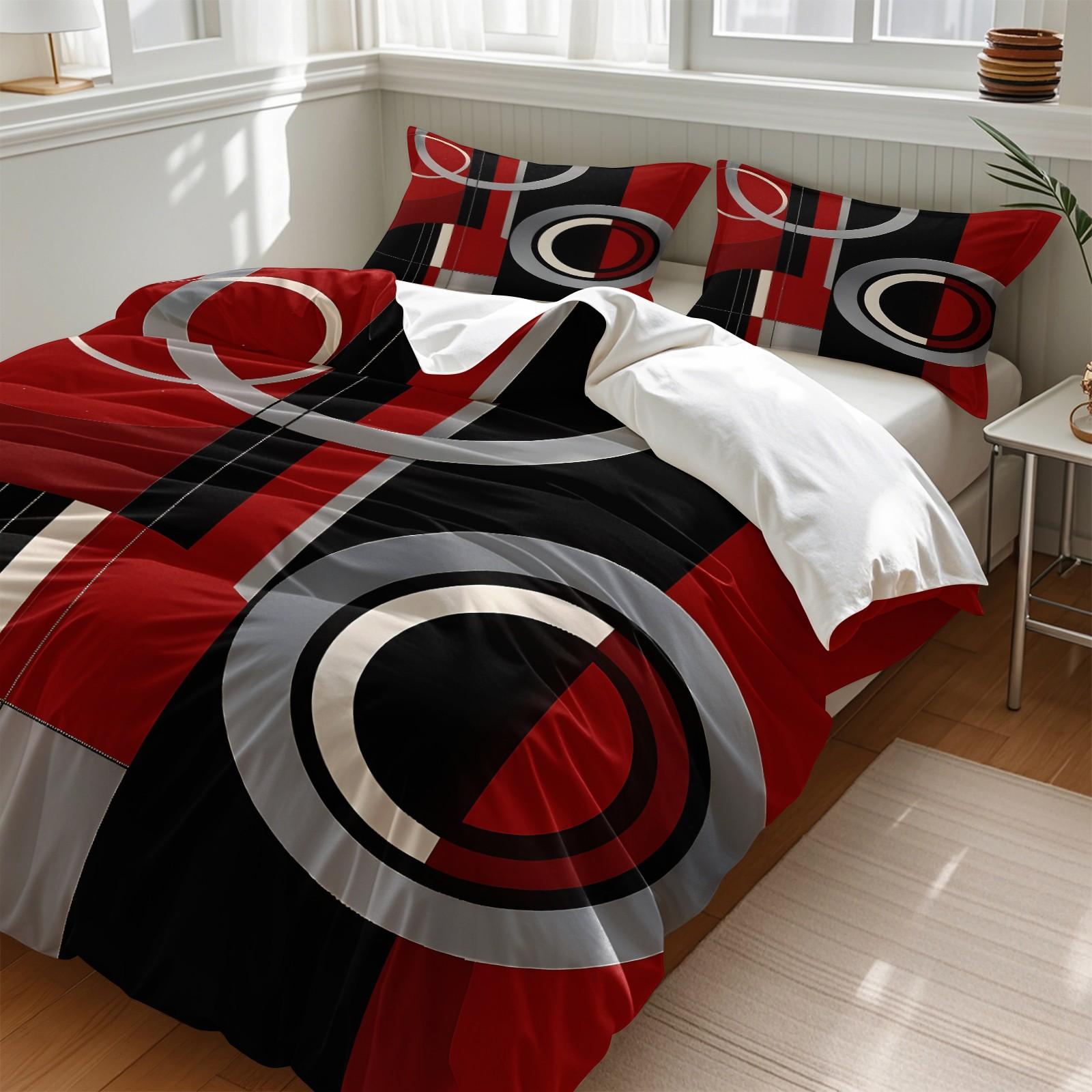 Modern Abstract Geometric Circle Stripe Print Duvet Cover Set, Includes 1 or 2 Pillowcases+1 Duvet Cover, Red Black Grey Block Design, Contemporary Urban Bedroom Decoration, Gift for Geometric Art Lovers